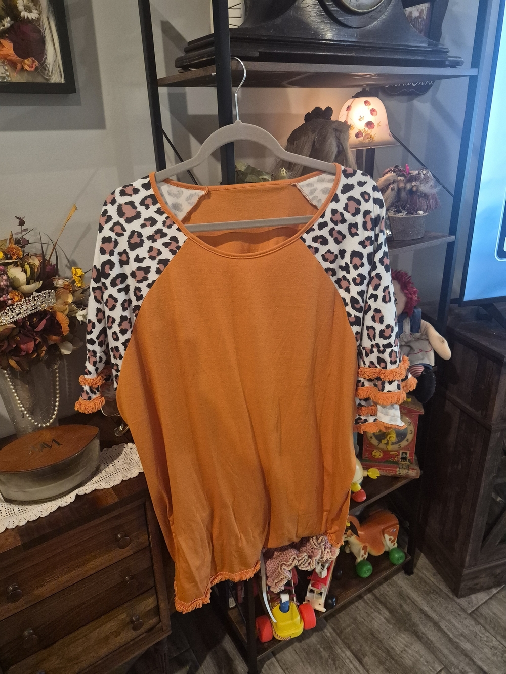 Womens Orange Leopard Raglan Top with Tassel Sleeves